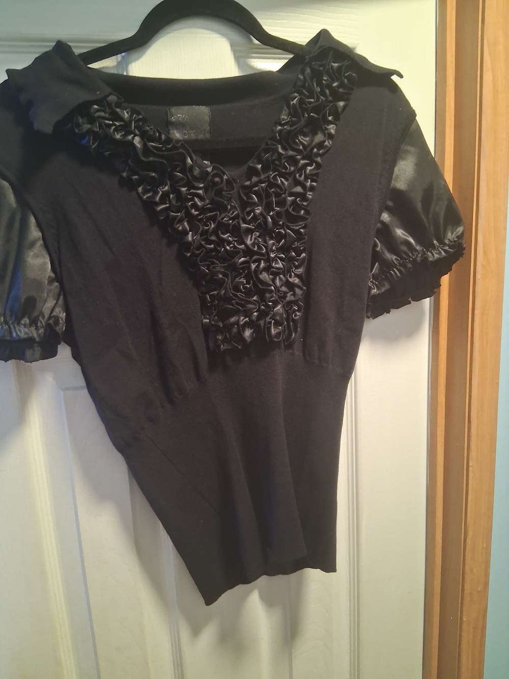 Black Ruffled V-Neck Puff Sleeve Blouse